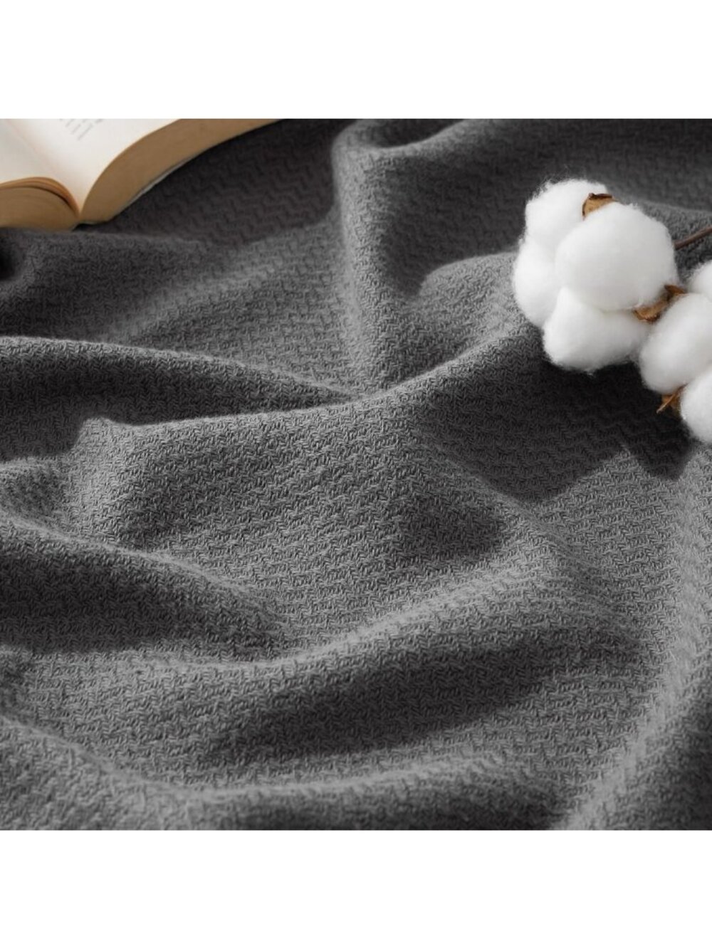 Cozy 100% Cotton Herringbone Weave Blanket, Queen Size, Dark Grey Home Decor